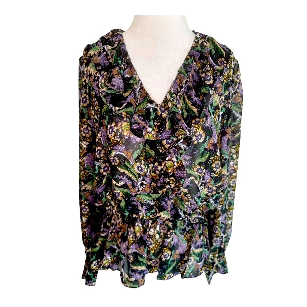 Catherine Malandrino Floral Long Sleeve Blouse Ruffle V Neck Top Size Large NWT